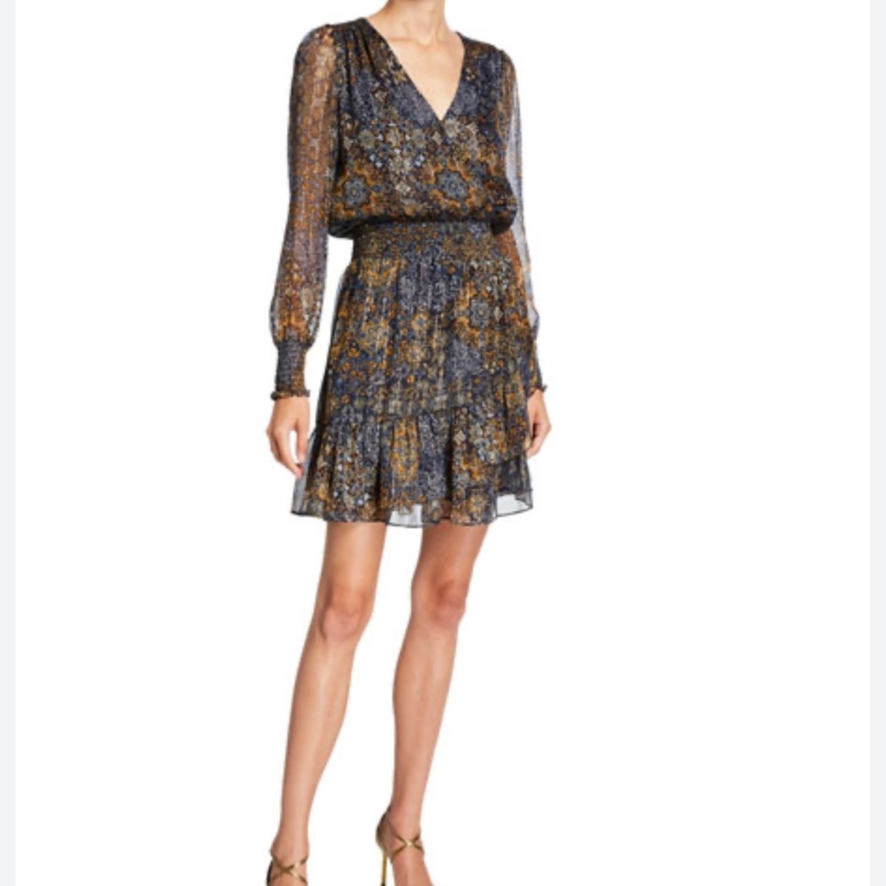 V-Neck Long Sleeve Printed Mini Dress - Blue & Gold